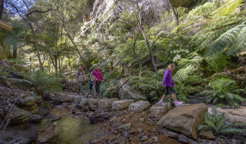 Family walking on the Glow Worm Tunnel walking track through Penrose Gorge, Wollemi National Park. Photo: John Spencer &copy; DCCEEW
