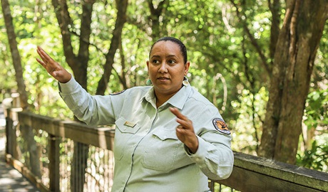 An Aboriginal guide sharing stories of the Birpai People on a bush tucker school excursion in Sea Acres National Park. Photo: Karina Otoya Davilla © DPIE