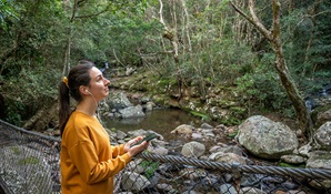 A woman listens to an audio tour on her mobile phone with headphone at Minnamurra Rainfores. Photo: John Spencer © DPIE