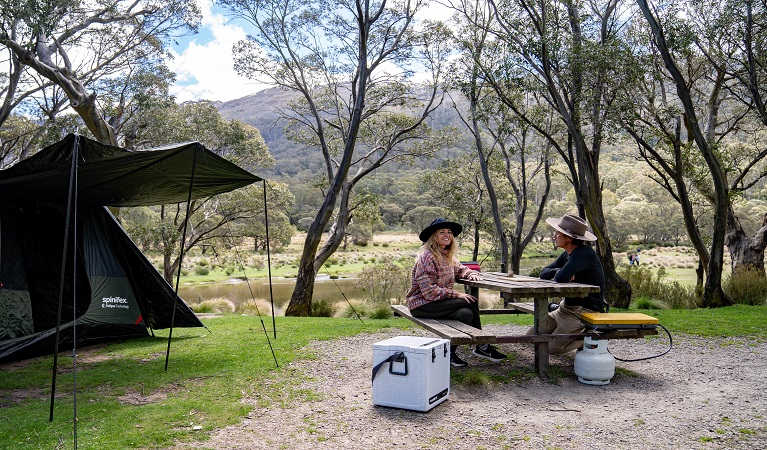 Campers by the river at Thredbo Diggings campground. Photo Jimmy Mellowes &copy; Jimmy Mellowes