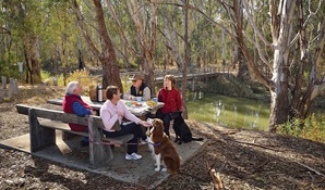 A group picnicking with their dog at Gulpa Creek, Murray Valley Regional Park. Photo credit: Gavin Hansford <HTML>© DPIE