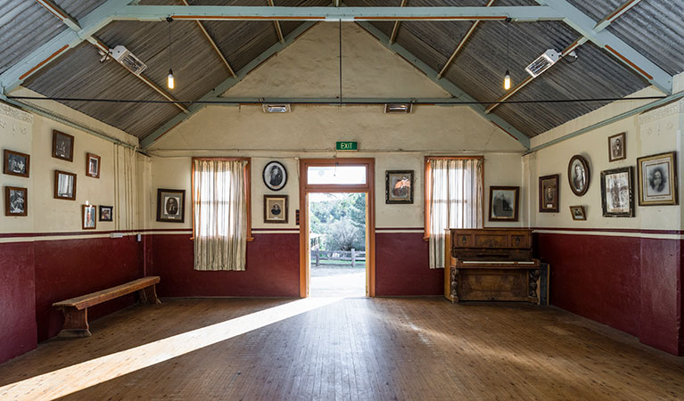 The interior of Royal Hall facing the door in Hill End Historic Site. Photo: Jennifer Leahy &copy; DPE